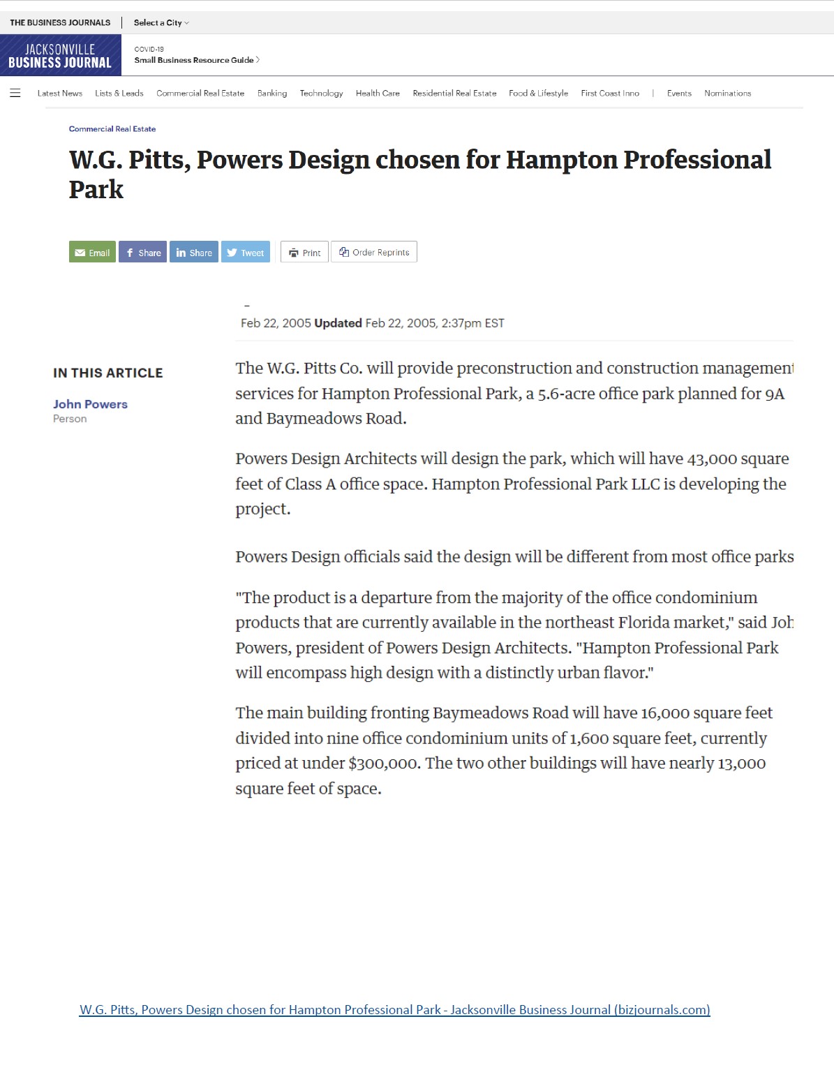 WGPITTS Powers Design Chosen for Hampton Professional Park